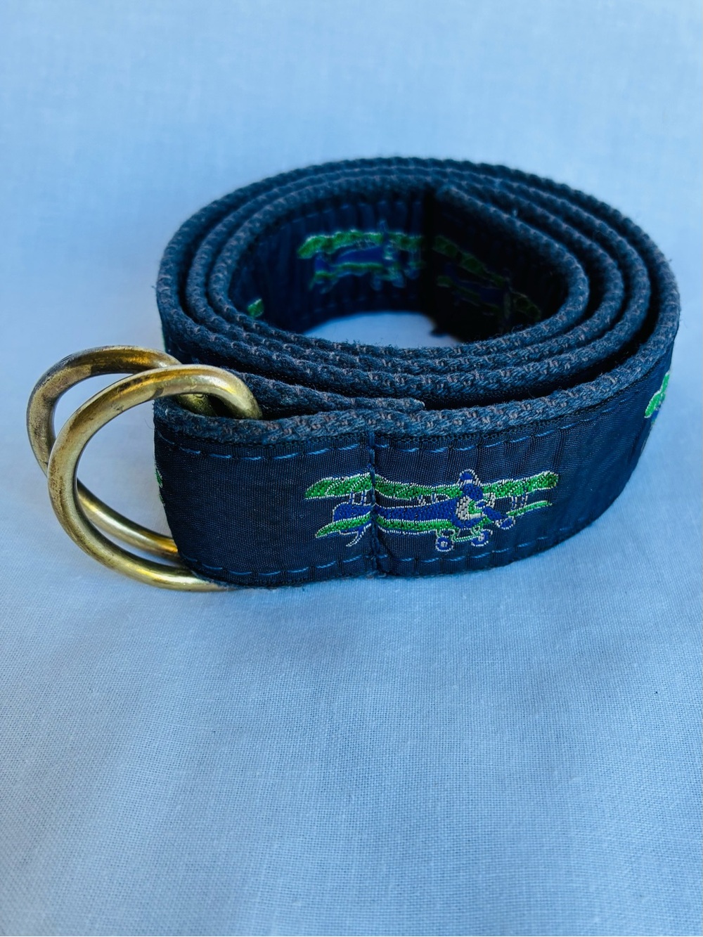 Leather Man Navy and Green Airplane Bi-Plane Pattern Canvas and Ribbon Belt